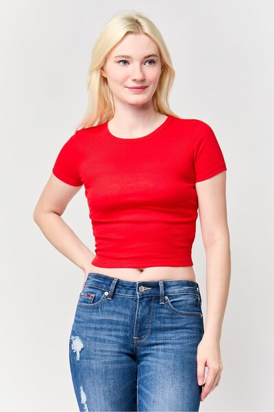 Don't Call Me Jennyfer Women Crew Neck Short Sleeve Ribbed Top, Red