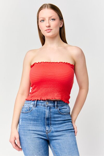 Don't Call Me Jennyfer Women Straight Across Strapless Shirred Tube Top, Red