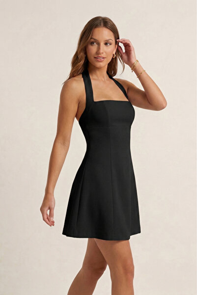 fablair Γυναικείο μαύρο φόρεμα με λαιμόκοψη halter, ανοιχτή πλάτη, υφαντό σε ...