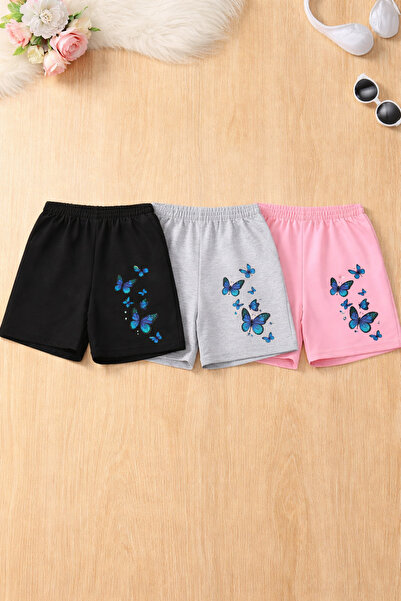 Kids مجموعة من ثلاث قطع من الشورتات الصيفية للبنات مع طباعة الفراشات