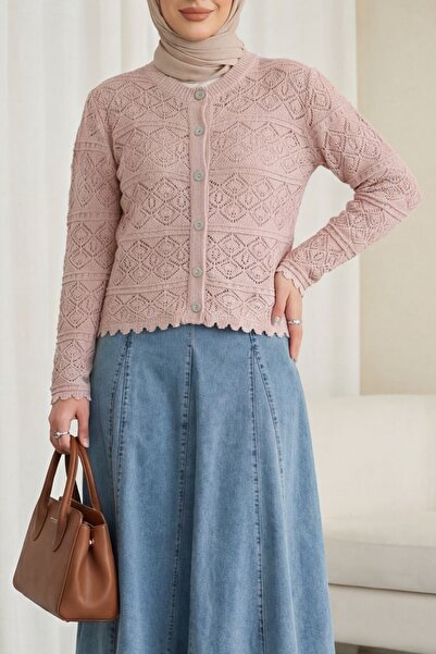 Modamorfo Ζακέτα πλεκτή διάτρητη με σχέδια και κουμπιά - πούδρα