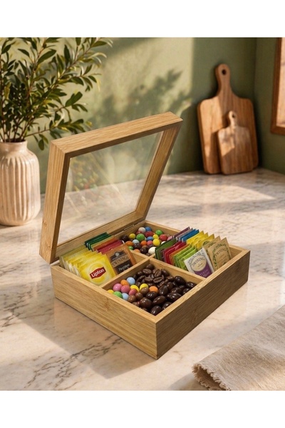 Fİ HOME Ahşap Mika Kapaklı Çay & Atıştırmalık Kutusu – 4 Bölmeli Organizer