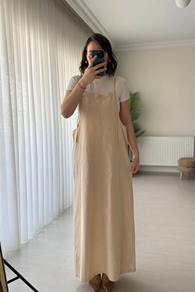 Kubos Moda Strappy Gabardine Beige Salopet Long Dress