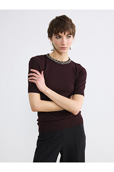 LC Waikiki Nevavm Farkıyla Soulife Burgundy Oval Neck Stone-Studded Women's K...