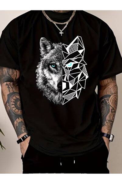 AEMİ Μπλουζάκι Unisex με στάμπα Blue-Eyed Wolf, Oversize με λαιμόκοψη ποδηλάτου