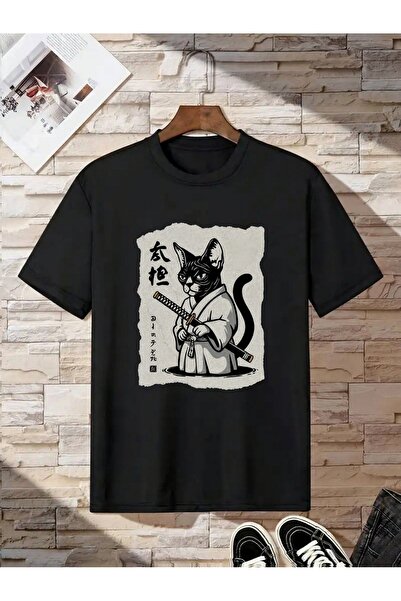 Let's Wear Tricou premium cu guler rotund, imprimat cu pisica samurai, 100% b...