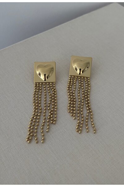 Kalpli Gold Plaka Uzun Topçuk Zincirli Çelik Küpe