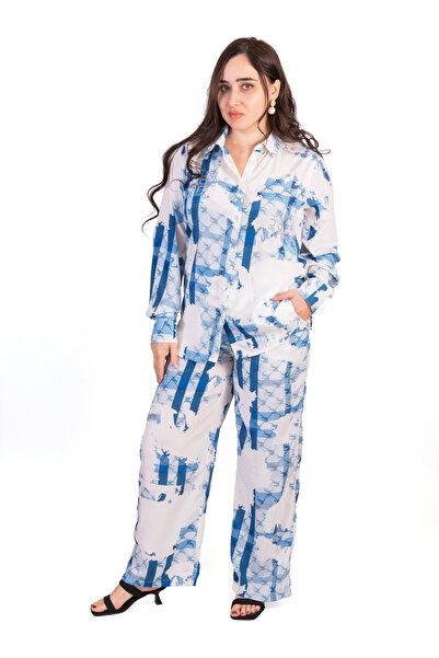 LINELLE White & Blue Abstract Embroidered Co-Ord Set