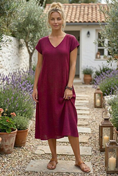 Chiccy Βουργουνδί υφαντό φόρεμα με λαιμόκοψη V, χαμηλά μανίκια, πλενόμενο, ca...