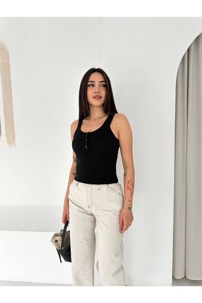 PIOVE Women's Ribbed Strap Tank Top – Button Detailed Summer Blouse