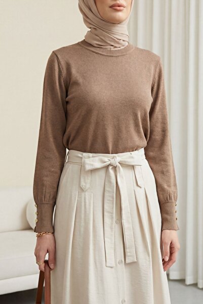 Modamorfo Round Neck Knitwear Tunic with Button Detail on the Sleeve - Mink