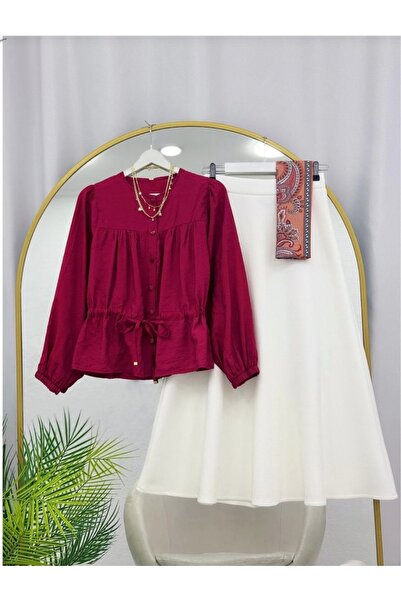 MODA VEDAT Γυναικείο πουκάμισο με λεπτομέρεια στη μέση - Σετ με φούστα Puff S...