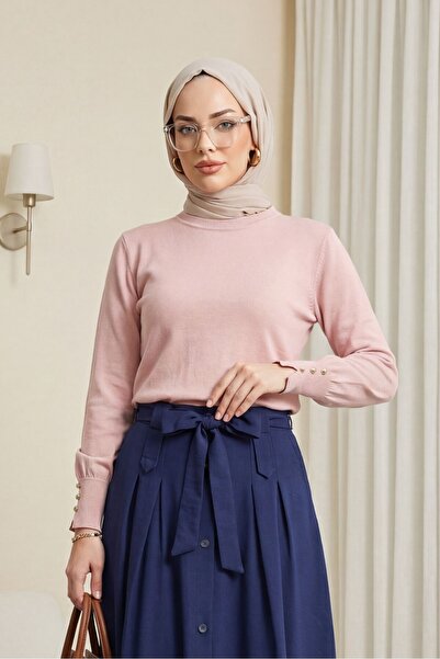 Modamorfo Round Neck Knitwear Tunic with Button Detail on the Sleeve -Powder