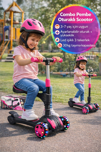 TOYFEST 3 Tekerlekli Oturaklı Scooter Çocuk 3-7 Yaş LED Işıklı Ayarlanabilir ...