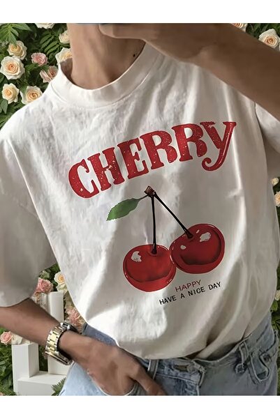 AEMİ Μπλουζάκι Unisex με στάμπα κεράσια, μεγάλου μεγέθους, με λαιμόκοψη ποδηλ...