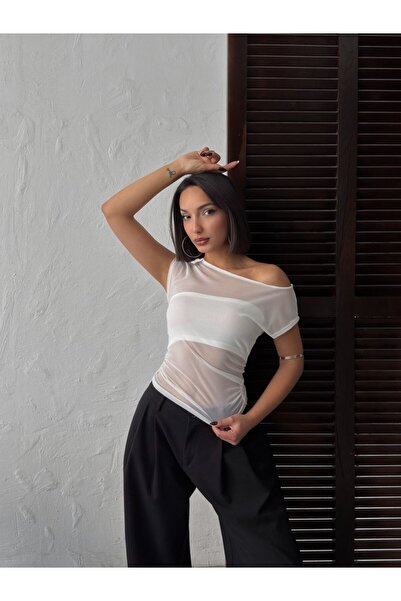 Jeevee Kadın Beyaz Tek Omuz Tül Bluz Bolero İç Detaylı