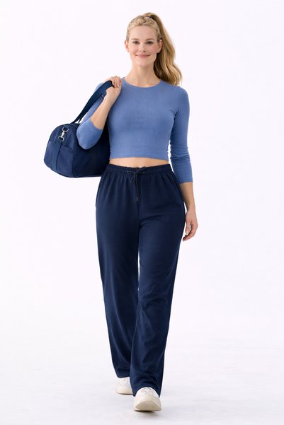 CNRCollection Women's Navy Blue Modal Stretchy Soft Textured Wide Leg Comfortable Wide Cut Modal Fabric Sweatpants