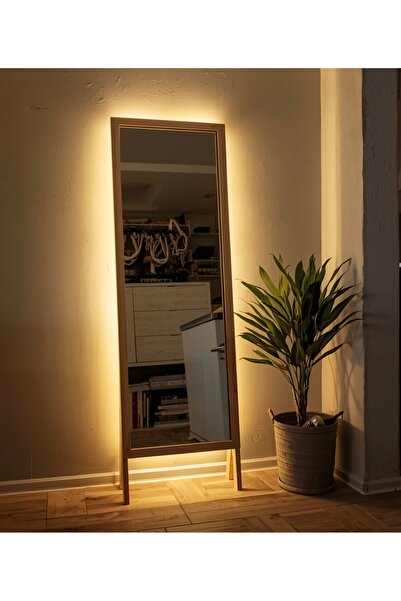 ABAS LED Işıklı Boy Aynası 160x50 cm – Ahşap Çerçeveli Dekoratif Tam Boy Ayna