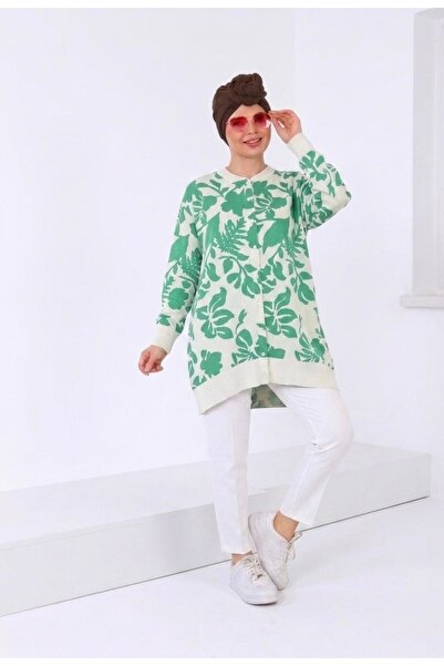 Polologin Butik تونيك/كارديجان مخطط باللون الأخضر مع زخارف بيج - مناسب للملابس المحجبة