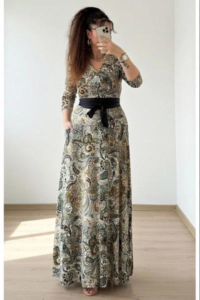 AZRA BUTİK Φόρεμα με πράσινο σχέδιο σάλι σε όλο το μήκος