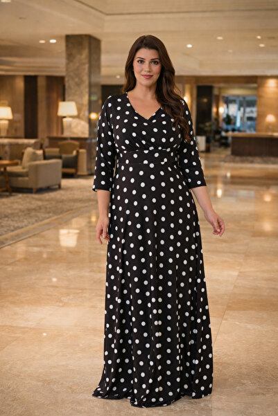 IŞILTI Γυναικείο φόρεμα με διπλό γιακά, μανίκια 3/4, άνετη εφαρμογή, μαύρο πουά