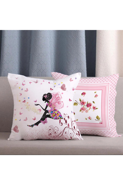 Alkan Homes 2li Kombin Pembe Kelebek Kız Desenli Dijital Baskılı Kırlent Kılıfı