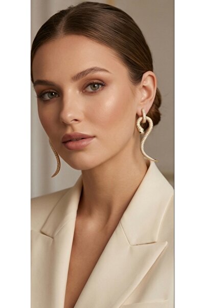 HOSBUTIK Gold tasarım taşlı büyük boy yılan küpe