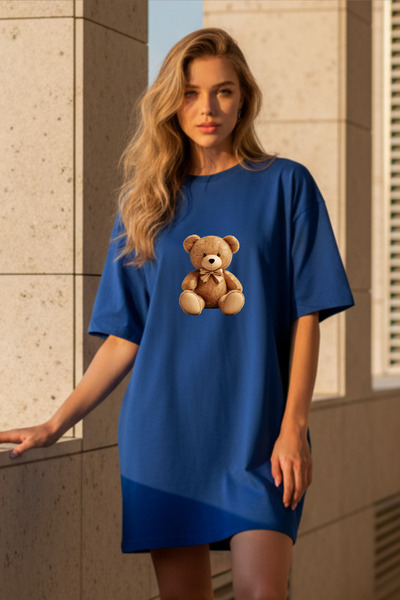 Frisson Elbisee Women's Red Oversize T-Shirt Dress – Cute Teddy Bear Print