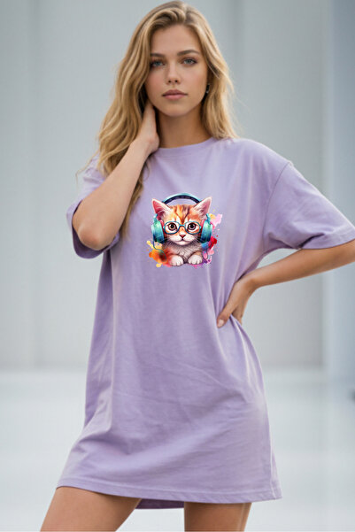 Pink Sky Elbisee Γυναικείο Κόκκινο Φόρεμα T-Shirt Oversize – Με στάμπα γάτας ...