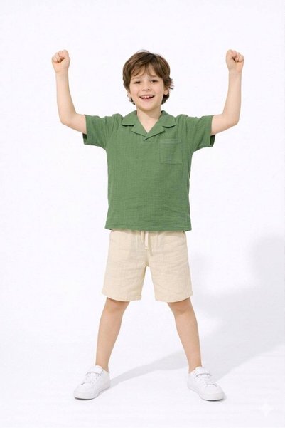 Jolly Kids Boy's Muslin Fabric Shirt and Collared Shorts Set
