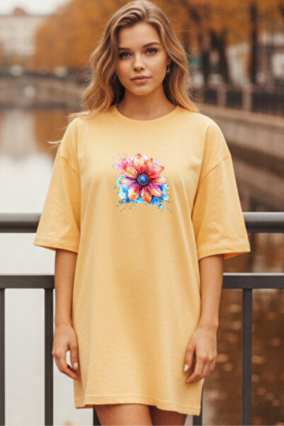 Pink Sky Elbisee Γυναικείο Κόκκινο Φόρεμα T-Shirt Oversize – Με Πολύχρωμο Φλο...