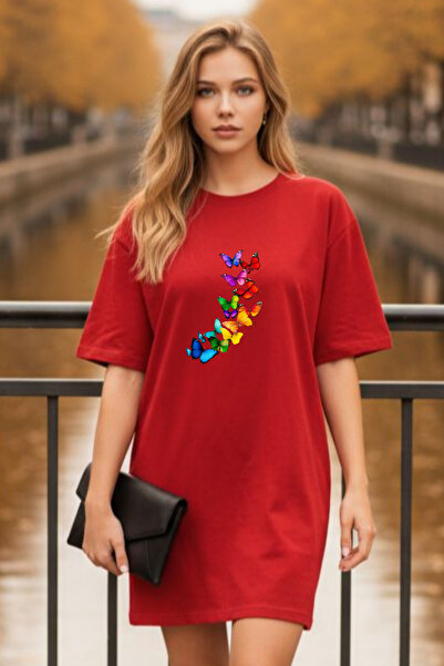 Frisson Elbisee Women's Red Oversize T-Shirt Dress – Colorful Flying Butterfl...