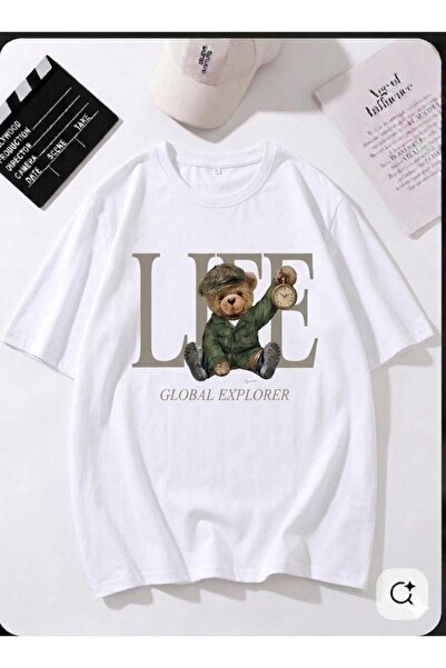 Duzor Unisex κοντομάνικο λευκό μπλουζάκι Teddy Life Explorer Oversize, Premiu...