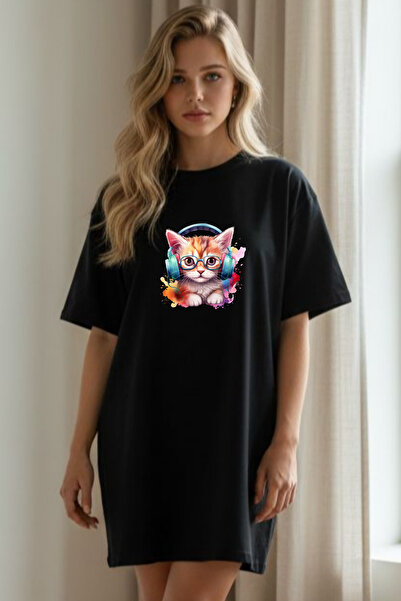 EFFRENATU Elbisee Γυναικείο Κόκκινο Φόρεμα T-Shirt Oversize – Με στάμπα γάτας...