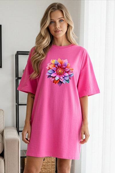 Pink Sky Elbisee Γυναικείο Κόκκινο Φόρεμα T-Shirt Oversize – Με Πολύχρωμο Φλο...