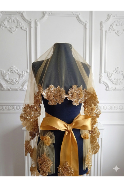 Anka kına evi Gold Vip Luxury Appliqued Bridal Veil, Henna Cover Set