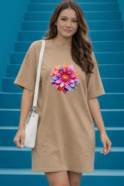 valeriae Elbisee Women's Red Oversize T-Shirt Dress – Colorful Floral Print