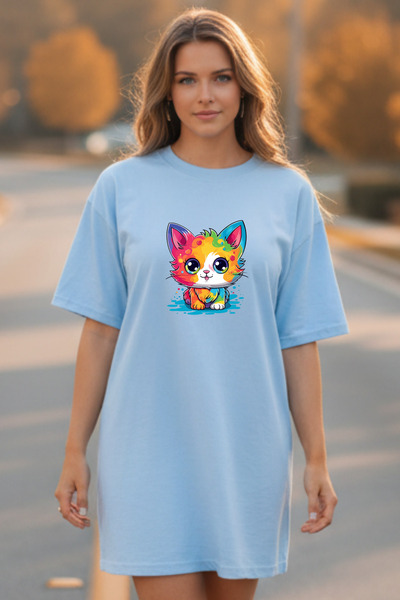 Pink Sky Elbisee Women's Red Oversize T-Shirt Dress – Colorful Cat Print