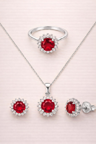 TASLİDUSLERJEWELRY 925 Ayar Gümüş Yakut Kırmızı Zirkon Taşlı Takı Seti Ayarla...