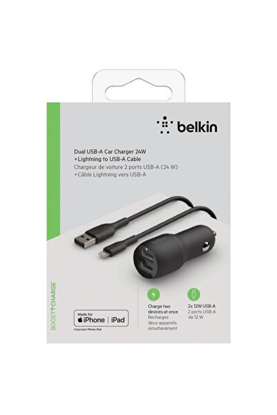 Belkin Încărcător auto, Încărcare rapidă, Dual, USB-A 24W + Cablu USB-A la Li...