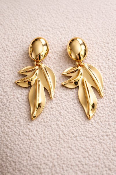 POYASE Gold Color Leaf Detailed Large Size Earrings Non-Tarnish Plated Stylish and Modern Design Bijouterie Earrings