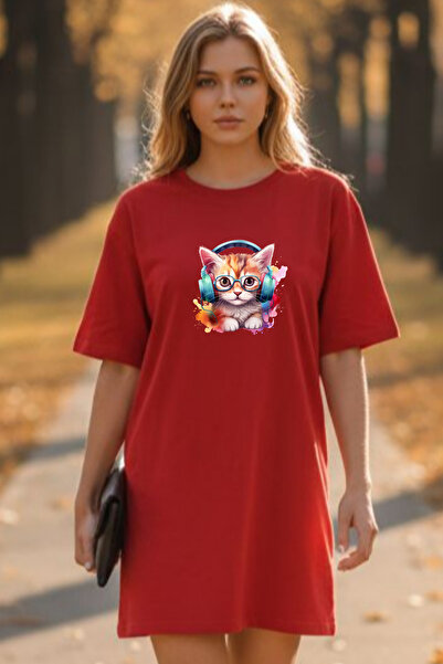 Frisson Elbisee Women's Red Oversize T-Shirt Dress – Cat with Glasses and Hea...