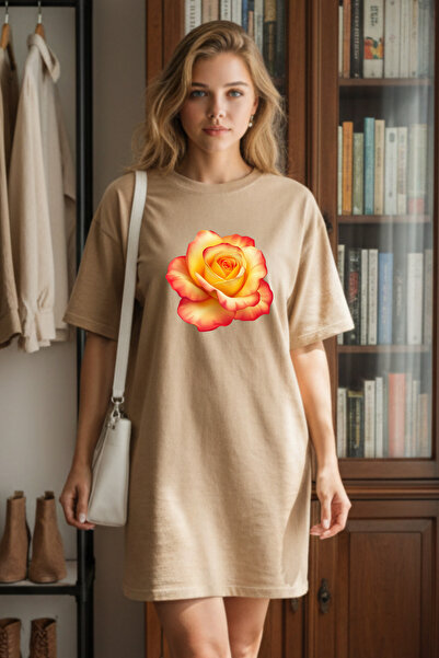 valeriae Elbisee Women's Red Oversize T-Shirt Dress – Yellow Red Rose Print