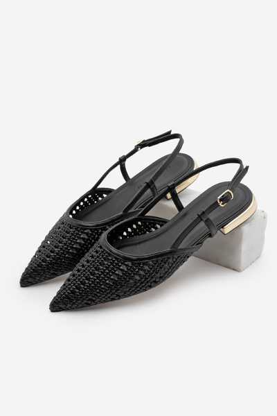 Marjin Γυναικείες μπαλαρίνες με μυτερή μύτη, πλεκτές στο χέρι, με χρυσό μεταλ...