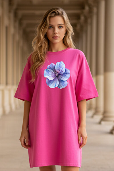 Frisson Elbisee Γυναικείο Κόκκινο Oversize Φόρεμα T-Shirt – Μωβ με φλοράλ στάμπα