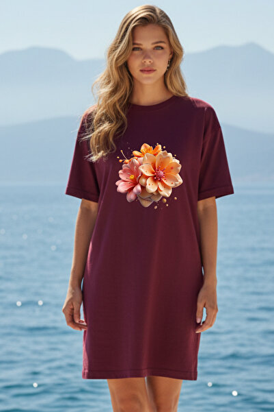 Pink Sky Elbisee Γυναικείο Κόκκινο Φόρεμα T-Shirt Oversize – Πορτοκαλί με στά...