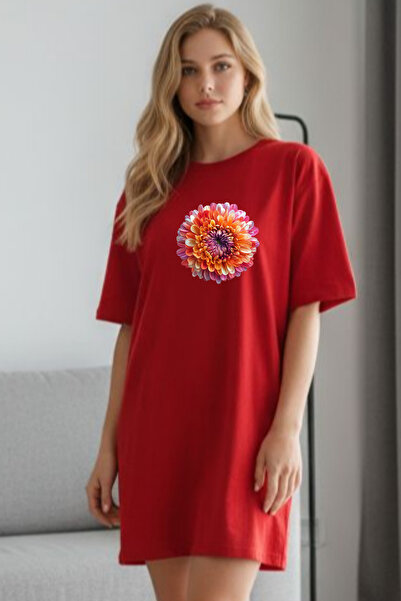 Frisson Elbisee Women's Red Oversize T-Shirt Dress – Orange Floral Pattern