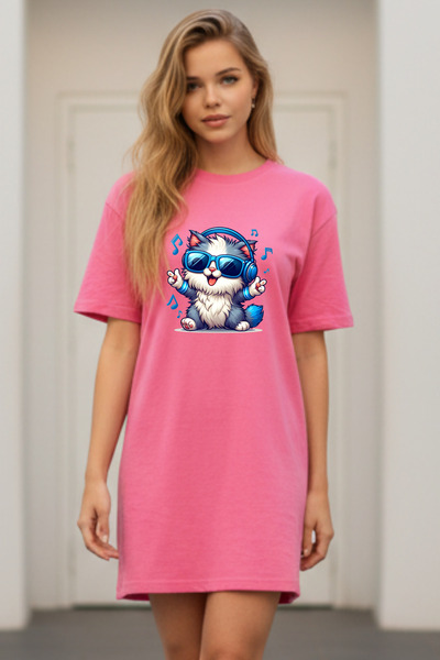 Frisson Elbisee Γυναικείο Κόκκινο Φόρεμα T-Shirt Oversize – Με στάμπα γάτας μ...