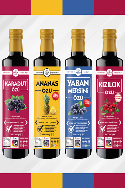 Luga Karadut Ananas Yaban Mersini Kızılcık Özü 4 lü Set - Katkısız, Koruyucus...
