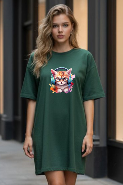 valeriae Elbisee Γυναικείο Κόκκινο Φόρεμα T-Shirt Oversize – Με στάμπα γάτας ...